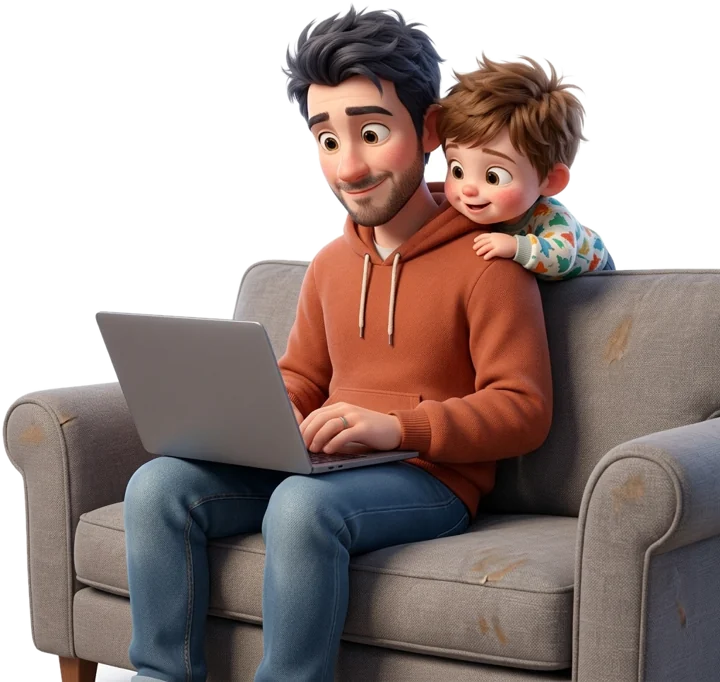 Tom compare les mutuelles sur son ordinateur, son fils penché sur son épaule